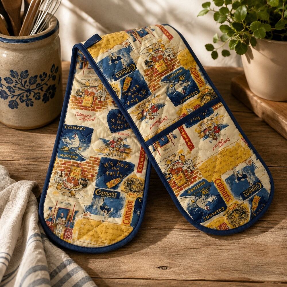 Vintage Colman’s Mustard Quilted Oven Mitts Double Ended Pot Holder